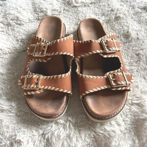 Wyatt Womens Cognac Brown Whipstitch Double Buckle Slide Sandals Size 8.5M
